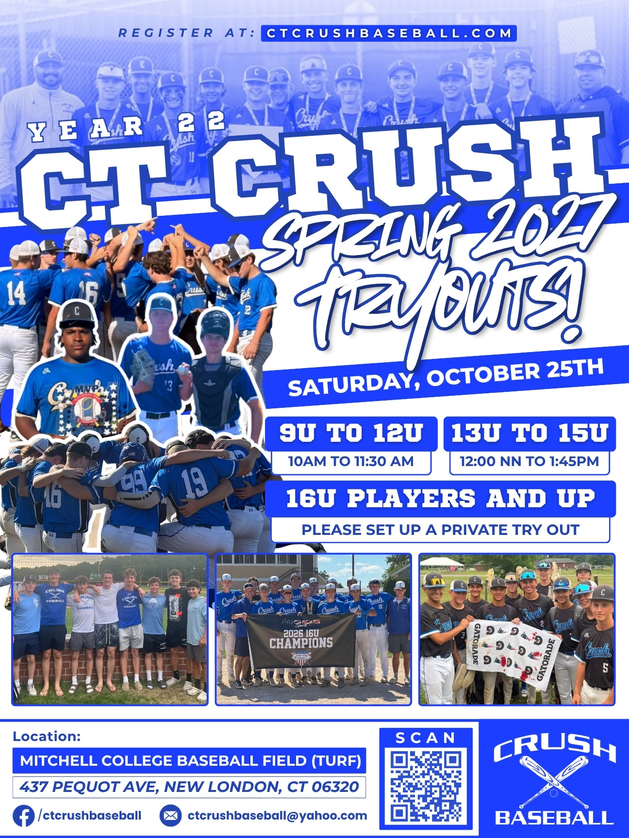 Spring Tryouts 2027 CT Crush Spring 2027 Tryouts, October 25, 2026 at Mitchell College Baseball Field (TURF)